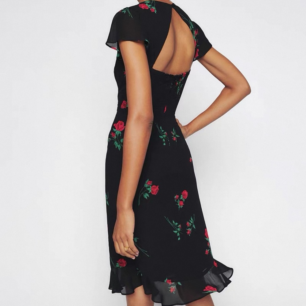 Reformation Black Dress with Red Floral Design
